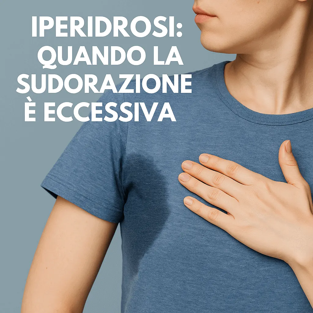 Persona con iperidrosi ascellare e macchia di sudore evidente sulla maglietta, immagine per articolo sui trattamenti della sudorazione eccessiva.
