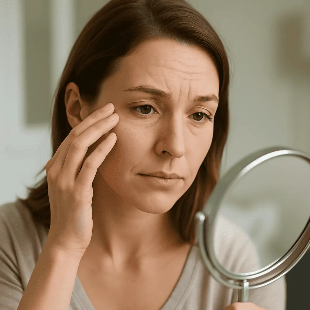 Donna di circa 40 anni che osserva il proprio viso allo specchio notando i primi segni dell’età, con espressione riflessiva e luce naturale.
