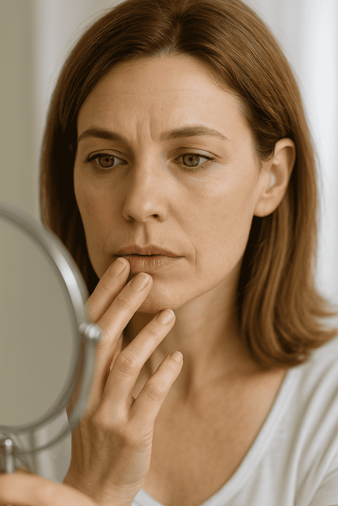 Donna di circa 40 anni che osserva le proprie labbra allo specchio notando una lieve perdita di volume.
