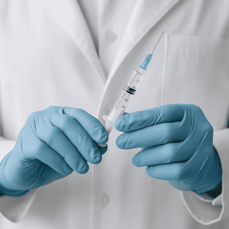 Mani di medico che prepara una siringa di acido ialuronico per trattamento estetico maschile a Milano.