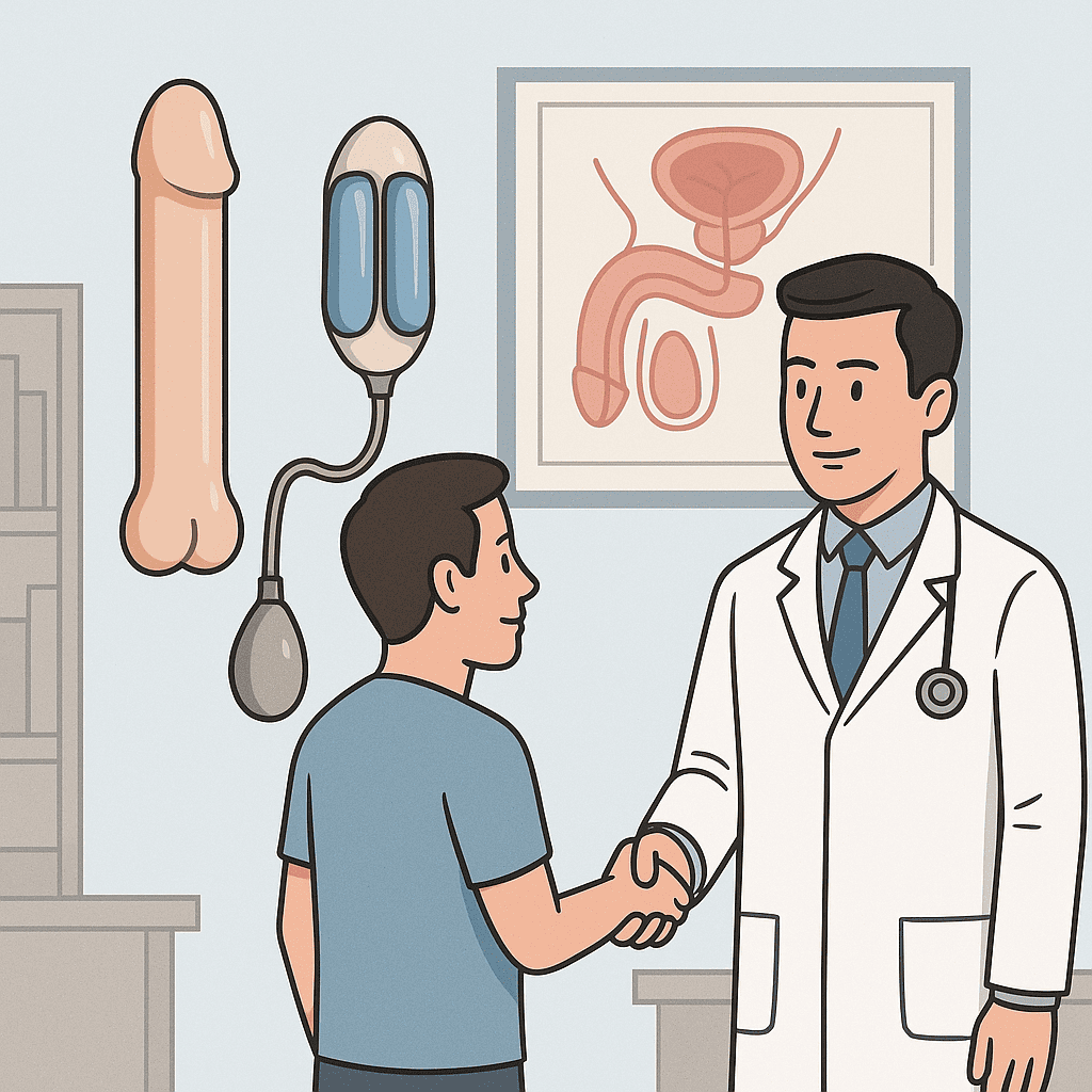 Illustrazione medica del Dr. Davide Barletta che spiega i tipi di protesi peniena (malleabile e gonfiabile) in ambulatorio a Milano