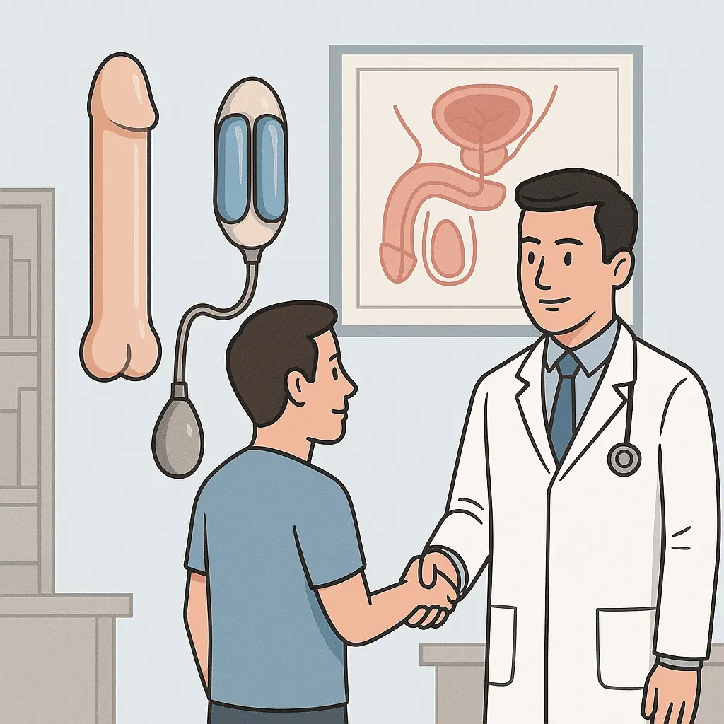 Illustrazione medica del Dr. Davide Barletta che spiega i tipi di protesi peniena (malleabile e gonfiabile) in ambulatorio a Milano
