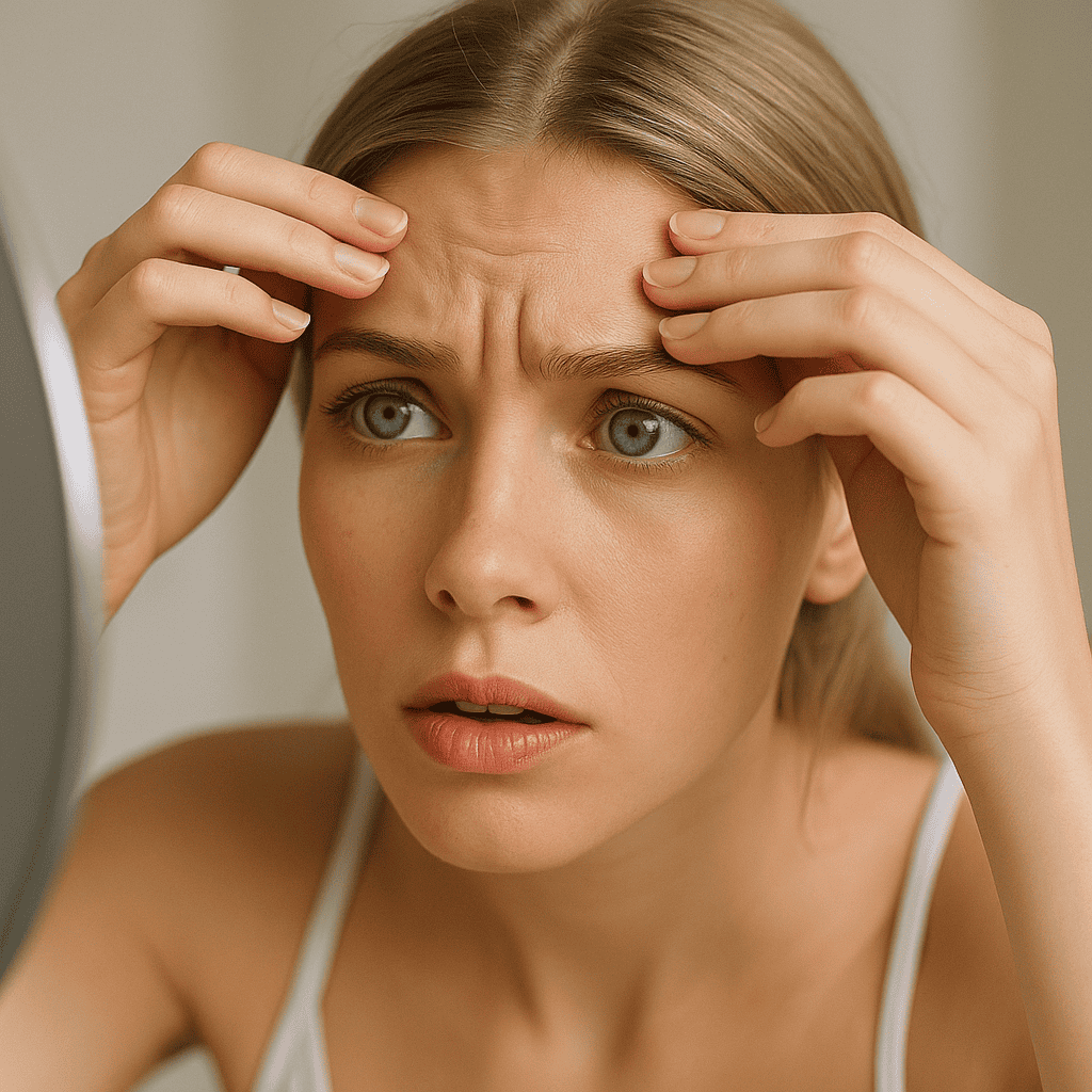 Giovane donna con pelle chiara e occhi chiari che si guarda allo specchio e nota piccole rughe sulla fronte in fase dinamica, concetto di botulino preventivo a Milano