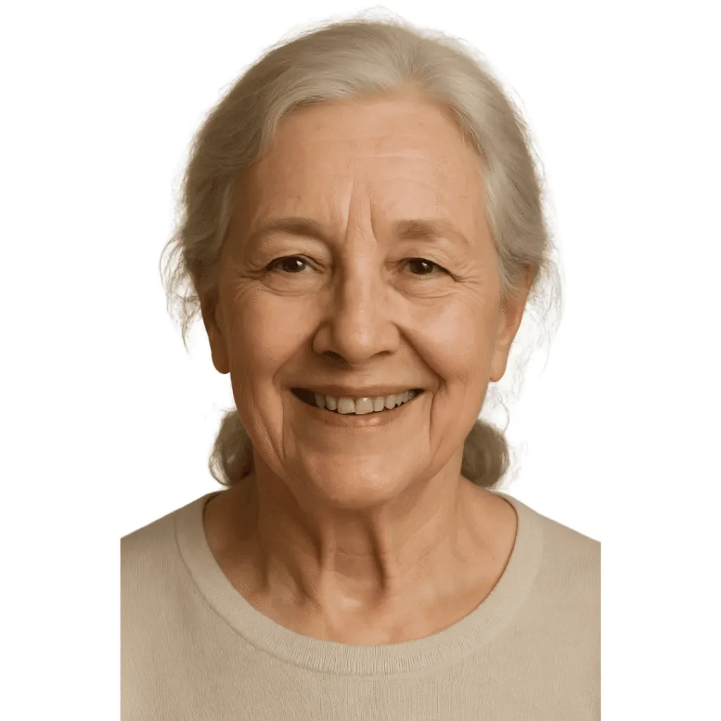 Donna anziana sorridente con palpebre rilassate, immagine realistica per blefaroplastica