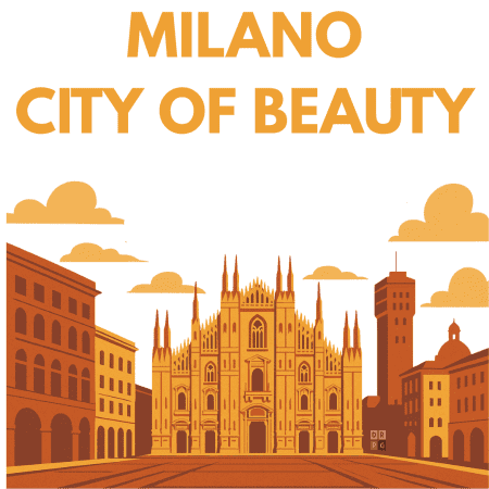 Stylized illustration of Milan's Duomo and modern skyline at sunset, symbolizing elegance and innovation in aesthetic surgery in Milan