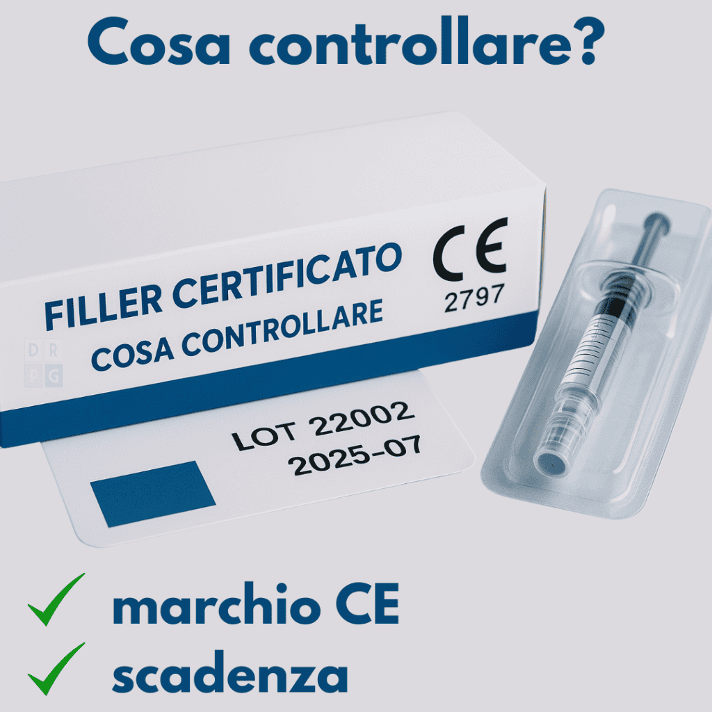Confezione sigillata di filler con marchio CE, lotto e scadenza visibili