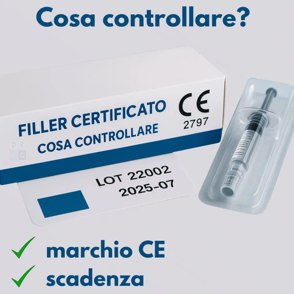 Confezione sigillata di filler con marchio CE, lotto e scadenza visibili