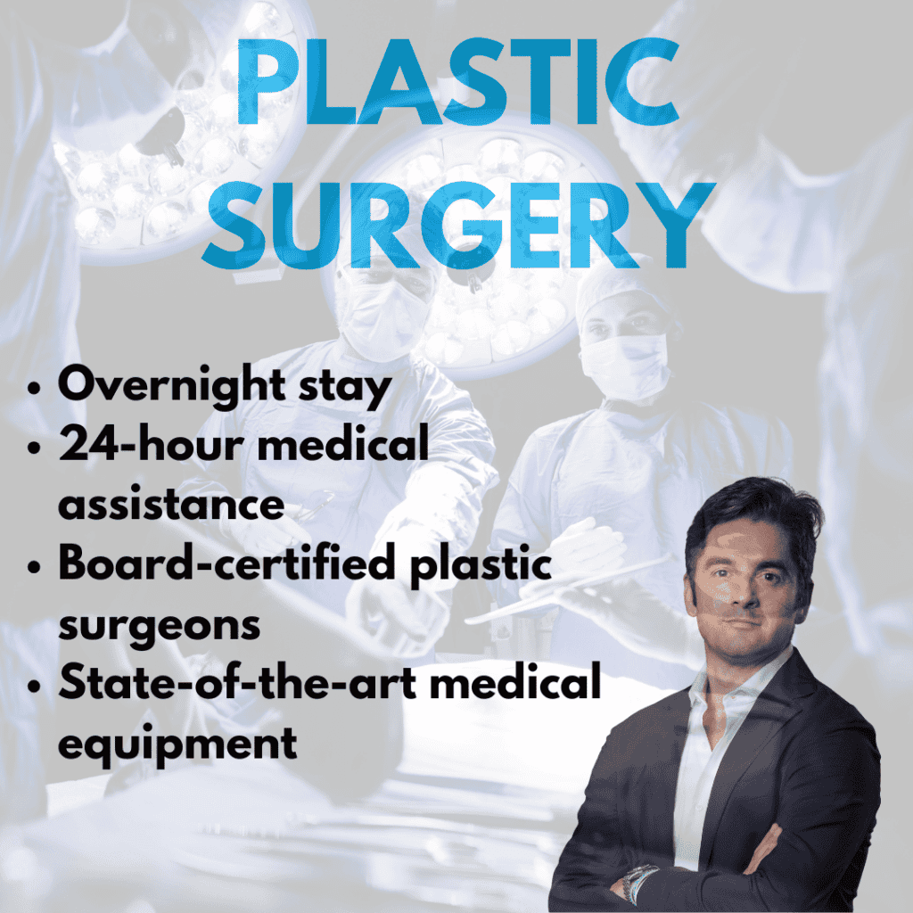 Dr. Pierluigi Gigliofiorito, plastic surgeon in Milan and Caserta, with surgical team and text highlighting overnight stay, 24-hour medical assistance, board-certified plastic surgeons, and state-of-the-art medical equipment.