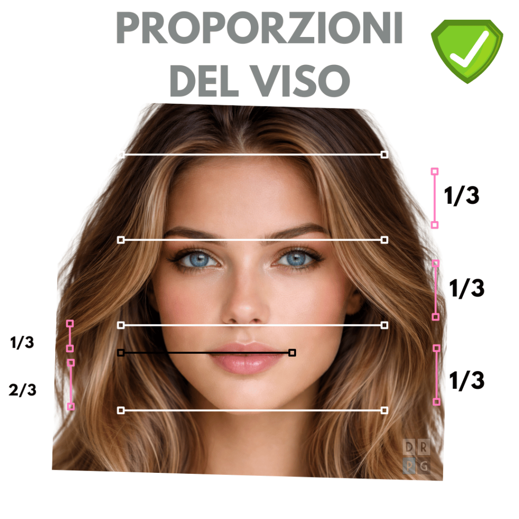 Proporzioni ideali del viso in vista frontale con suddivisione in terzi utilizzate nella pianificazione della rinoplastica
